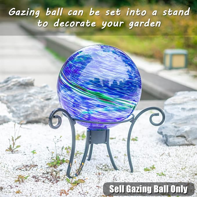 VCUTEKA Glass Outdoor Gazing Globe, Blue and Green Hand Painted Swirled Sphere for Patio Garden