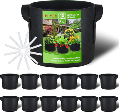 PHYEX 12-Pack 5 Gallon Grow Bags, Heavy Duty Fabric Pots with Handles, Reusable Plant Bags for