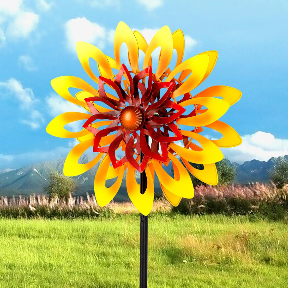 Sunflower Wind Spinners, 360 Degrees Swivel Metal Wind Sculptures, 62" Garden Pinwheels for Yard