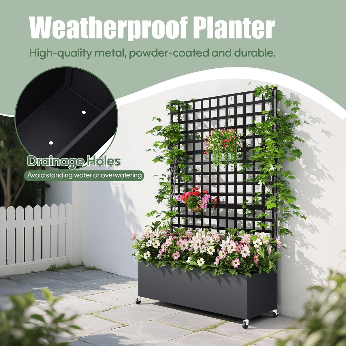 Metal Planter Box with Trellis Privacy Screen, Raised Garden Bed with Lattice Trellis & Wheels