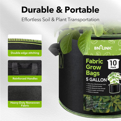 BN-LINK 10-Pack 5 Gallon Grow Bags, Heavy Duty Aeration Fabric Pots with Handles, Thickened