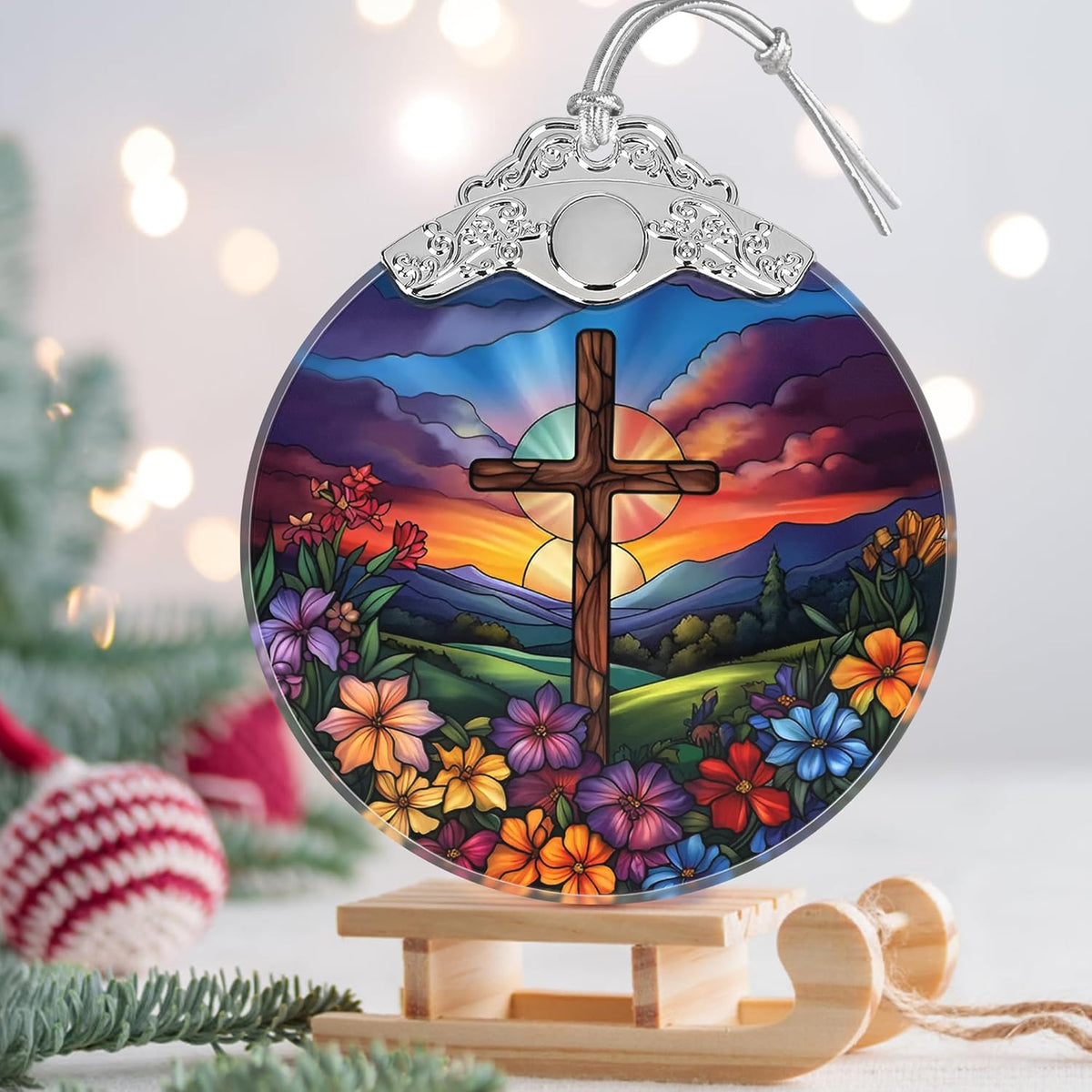 Cross Spring Flower Stained Glass Orament - Christmas Ornament - Christmas Decorations for Tree