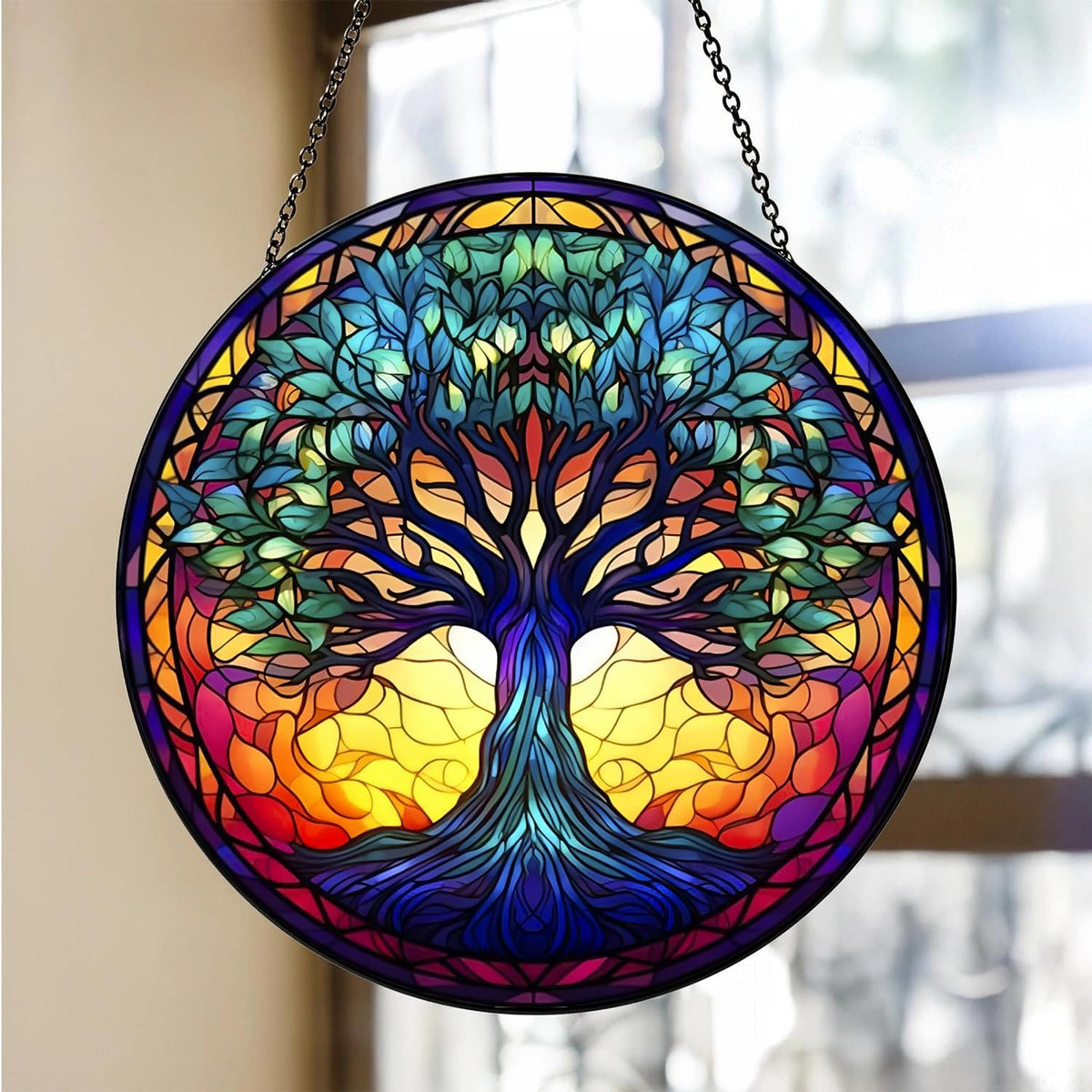 Tree of Life Suncatcher -7.9 in Stained Glass Window Hanging Catcher Garden Decor