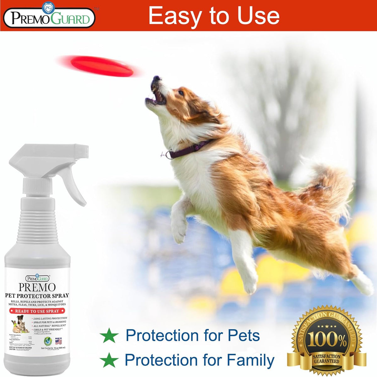 Premo Guard Pet Protector Spray - 16 oz - Kills Mites, Fleas, Ticks, & Mosquitoes - for Dogs, Cats