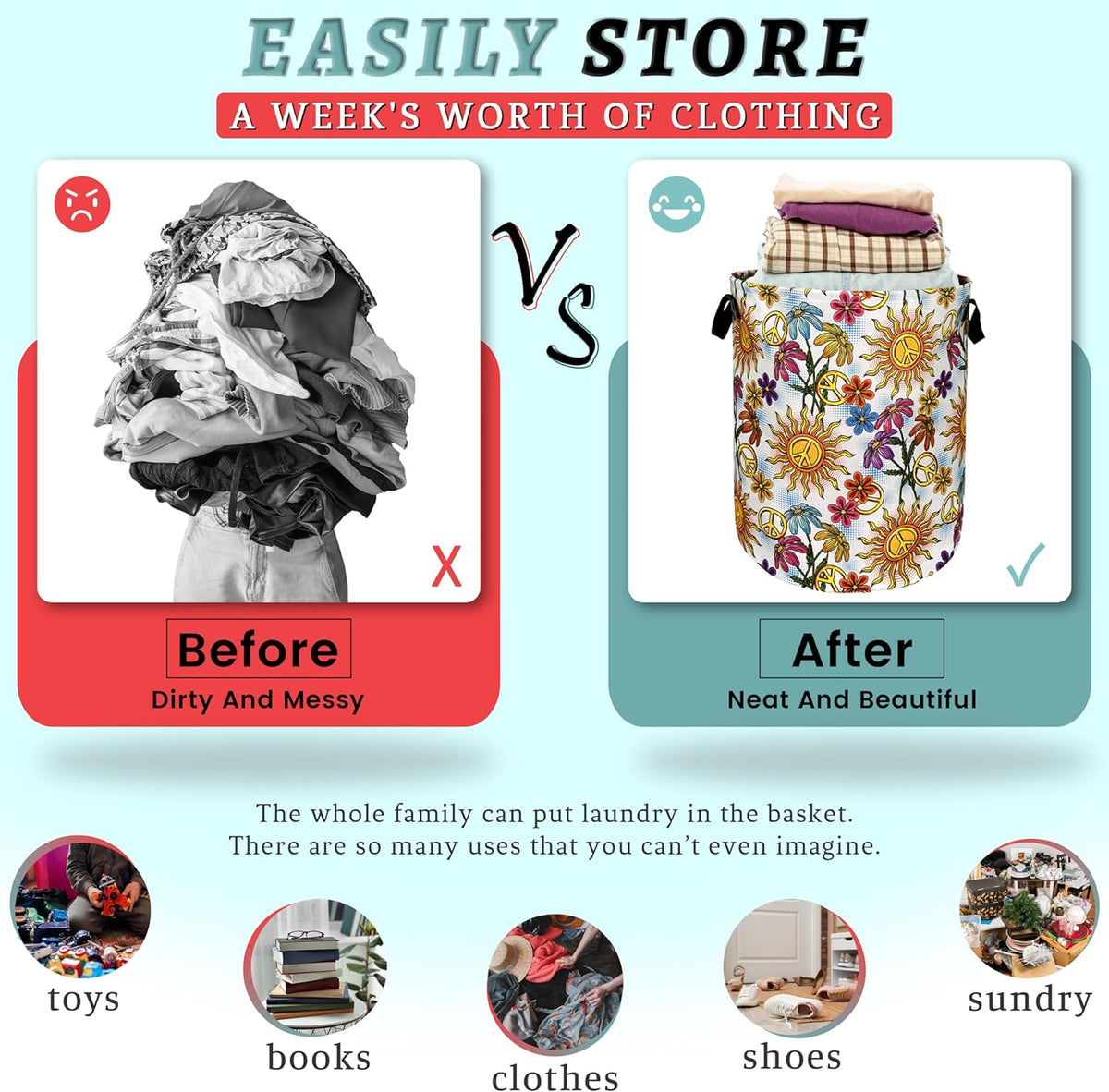 Colorful Hippie Peace Flowers Laundry Basket Foldable With Handles Tote Bag Oxford Cloth Funny