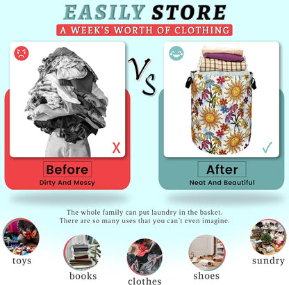 Colorful Hippie Peace Flowers Laundry Basket Foldable With Handles Tote Bag Oxford Cloth Funny