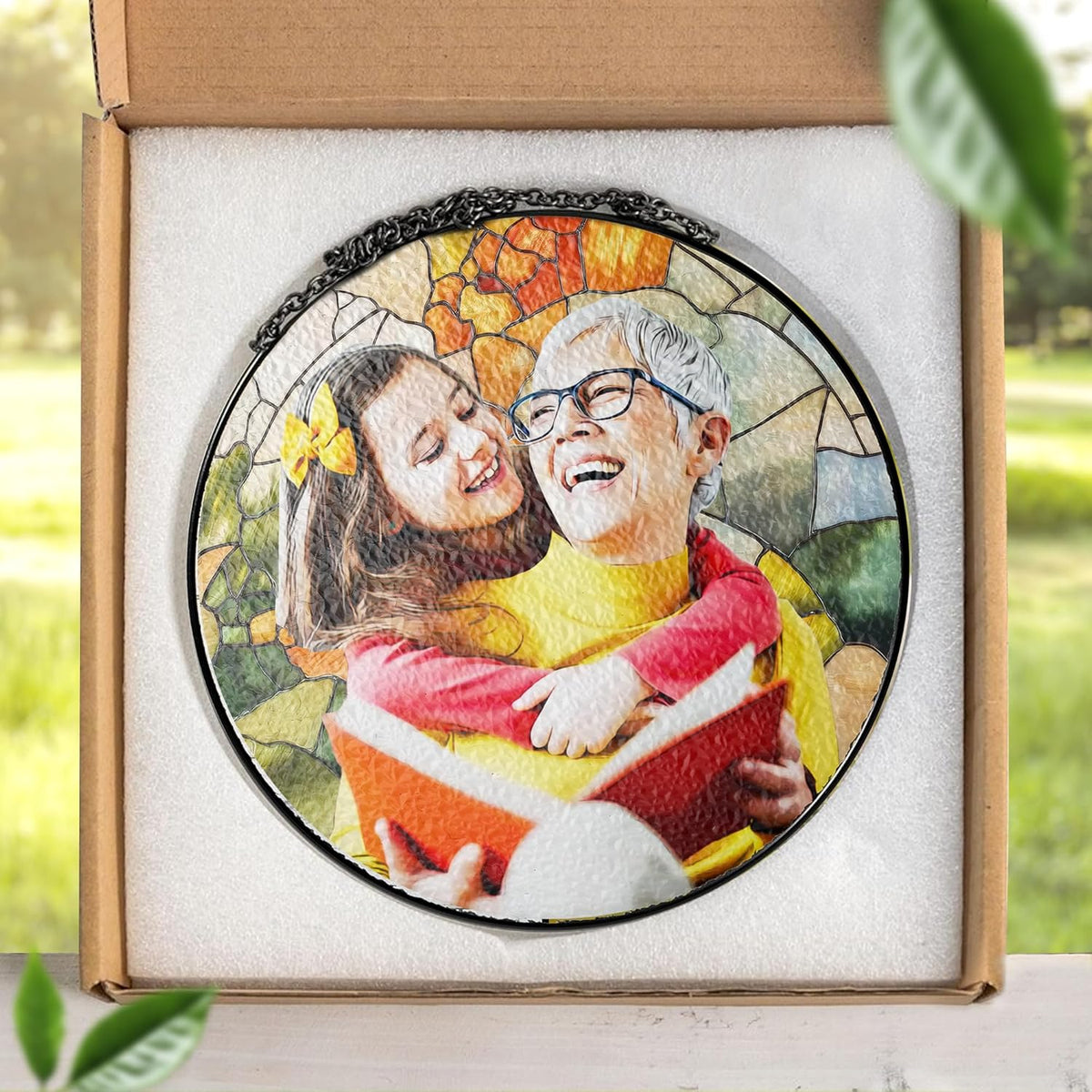 LOVELYPOD Personalized Grandma Stained Glass Sun Catcher, Photo Family Portrait Faux Window Hanging