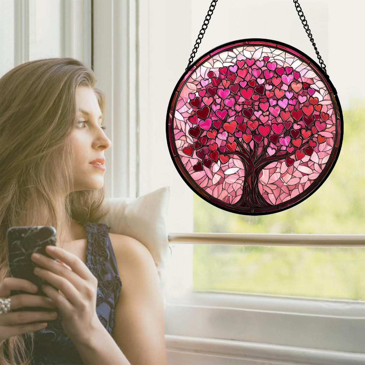 Stained Glass Window Hanging - DASTOLL, Birthday Gifts for Women Men Mom Dad, Pink Love Tree