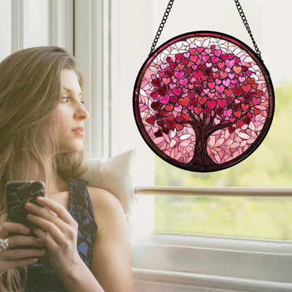 Stained Glass Window Hanging - DASTOLL, Birthday Gifts for Women Men Mom Dad, Pink Love Tree
