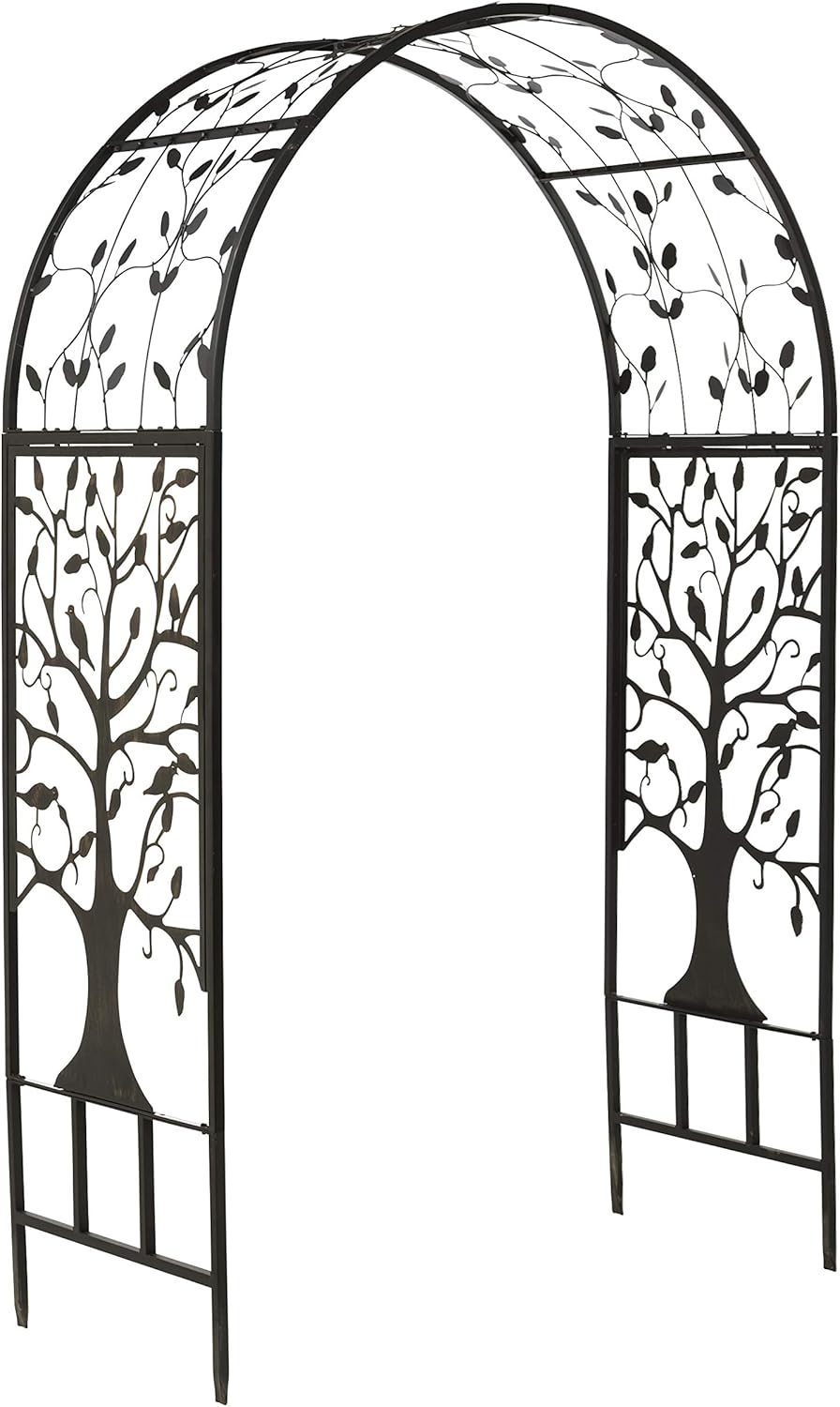 Plow & Hearth Arch Metal Outdoor Garden Arbor | Tree of Life | 83 Inches Tall | Black | Trellis