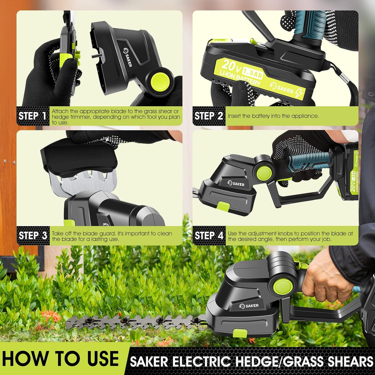 Saker Cordless Hedge Trimmer-20V Electric Shrub Trimmer Grass Shears Handheld Grass Cutter, Hedge