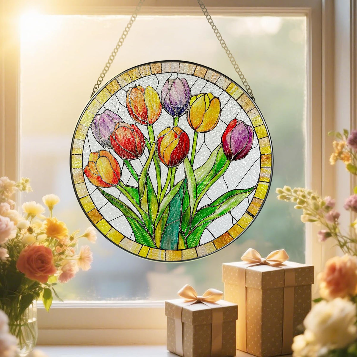Stained Glass Window Hanging, 8 Inch Tulips Stained Glass Suncatcher, Botanical Lover Gift, Flowers