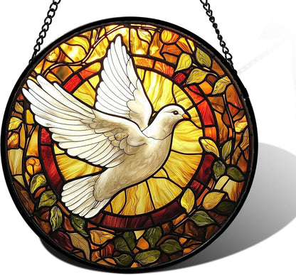 Stained Glass Window Hanging, Flying White Dove Sun Catchers Diamond Glass Panel Hangings Cute