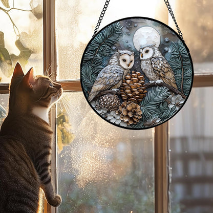 Stained Glass Window Hanging - Owl On A Tree Suncatcher for Doors Garden Patio Winter Scene Sun
