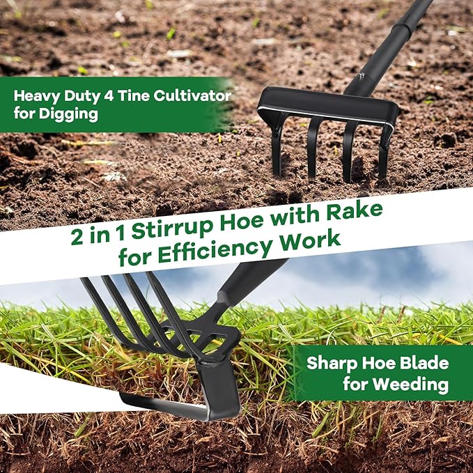 Garden Hoe, 62 Inch Weed Tool, Long Soil Tiller Cultivator, Heavy Duty Metal Stirrup Hoe Weeder