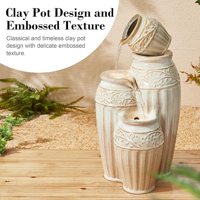 Glitzhome 27.25" H Outdoor Garden Water Fountain with LED Lights and Pump, 4 Tier Sand Beige