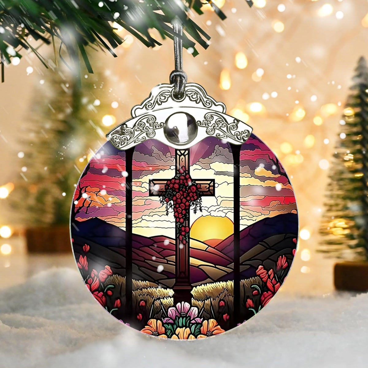 Cross Christmas Ornament - Stained Glass Holiday Decoration for Tree, Xmas Gift Idea