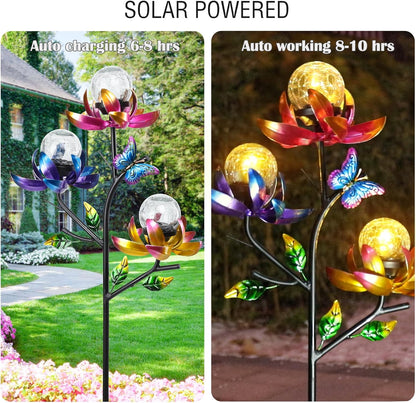 Solar Lights Outdoor Decorative Lotus Flowers Wind Spinner Garden Stake with LED Crackle Balls