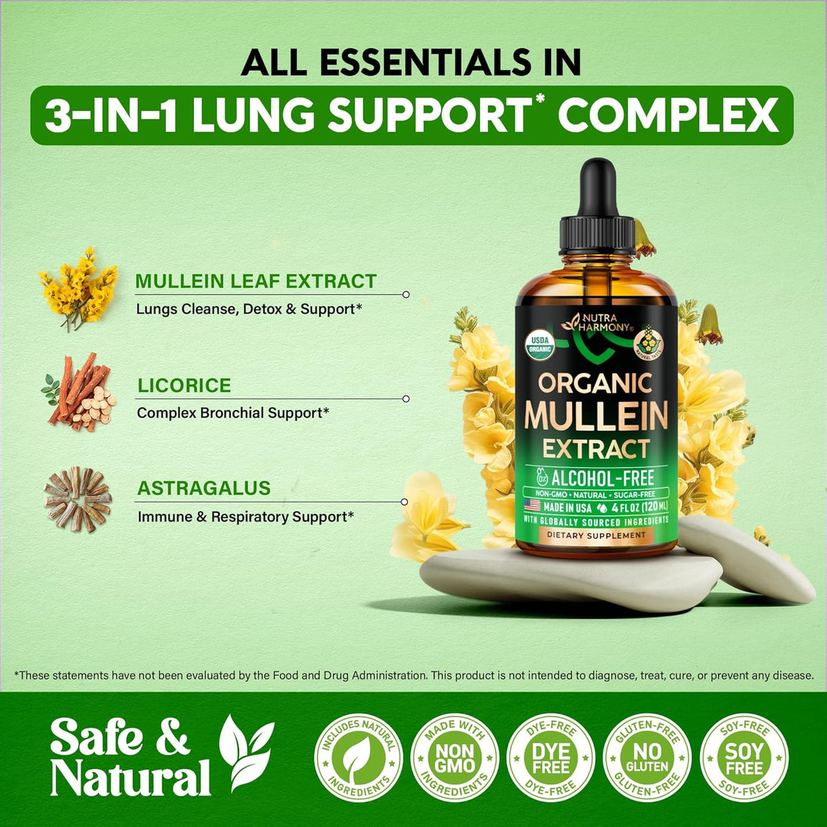 Mullein Drops for Lungs - USDA Organic Liquid - Mullein Leaf Extract Supplement - Made in USA