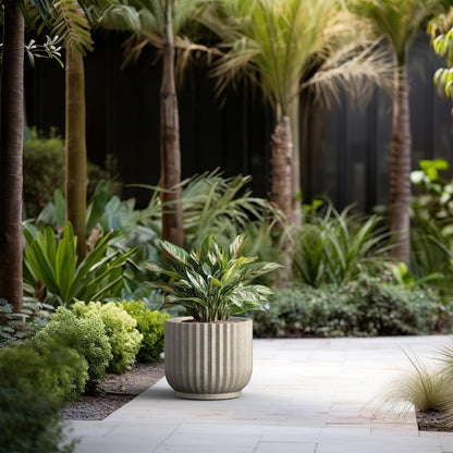 Kante Round Fulted Planter, 14 Inch Dia Large Concrete Plant Pots with Drainage Hole and Rubber