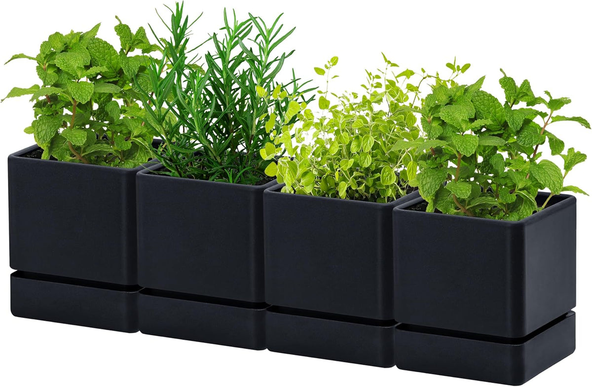 4 Inch Herb Planter Pot, Plastic Planter with Drainage Holes and Saucer, Modern Decorative
