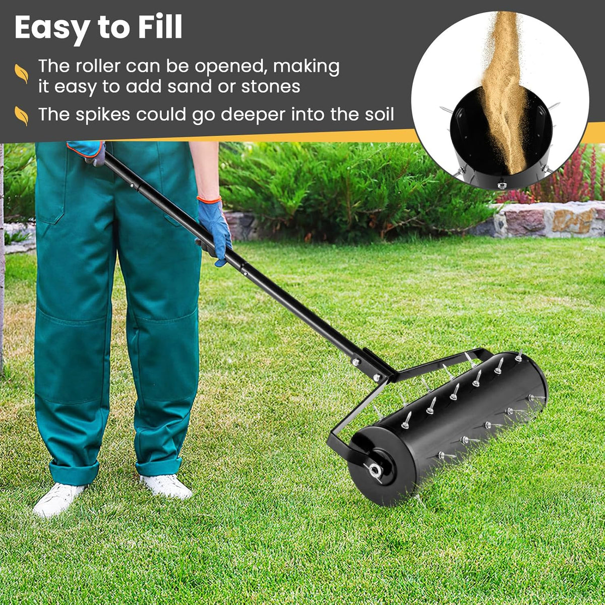 Goplus Rolling Lawn Aerator, 21-Inch Garden Yard Rotary Push Tine Filled Sand Stone, Heavy Duty