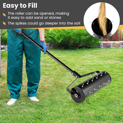 Goplus Rolling Lawn Aerator, 21-Inch Garden Yard Rotary Push Tine Filled Sand Stone, Heavy Duty