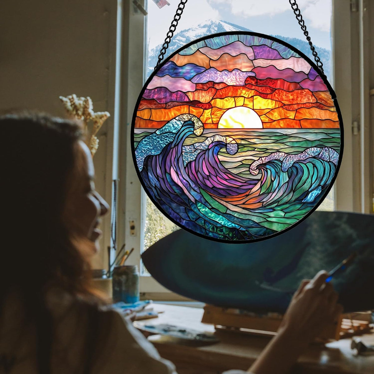 Stained Glass Window Hanging, Clouds and Sea Waves Suncatcher Diamond Glass Panel Hangings Scenery