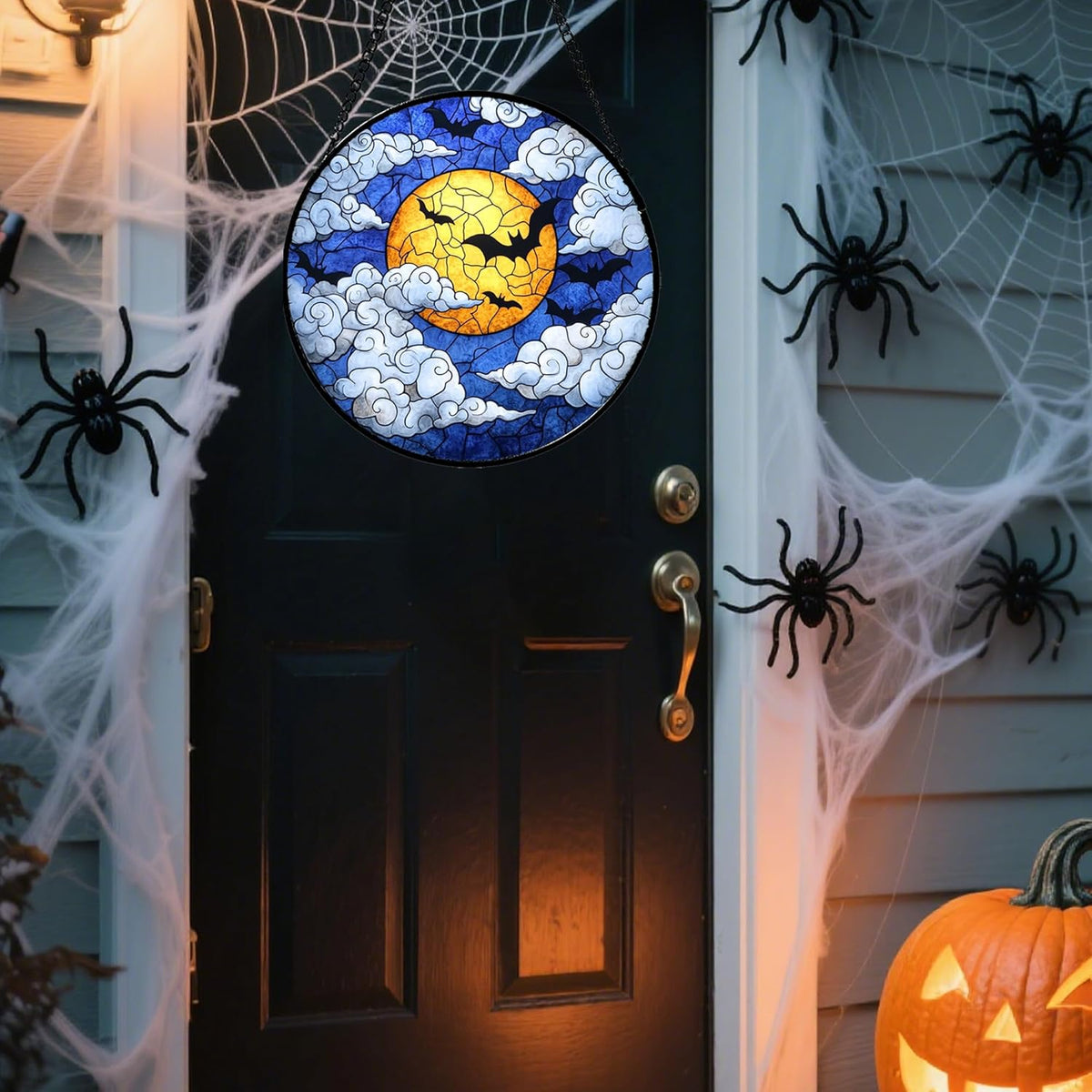 Stained Glass Window Hanging - Halloween Decorations Bats Moon Clouds Suncatcher for Doors Garden