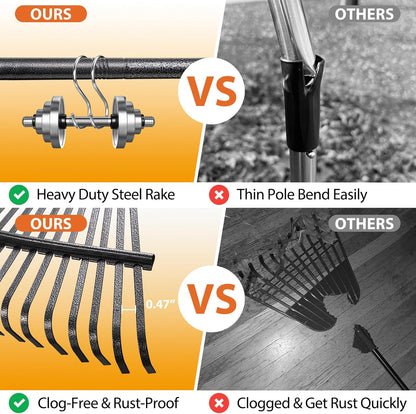 Rake, Gardening Rakes for Leaves Lawns Heavy Duty, 79 in Leaf Rake with 25 Clog-Free Tines, 18.5”