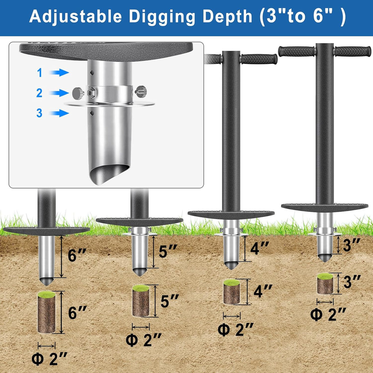 BeneLabel Garden Bulb Planter Tool with Adjustable Digging Depth from 3 to 6 Inch Grass Plugger
