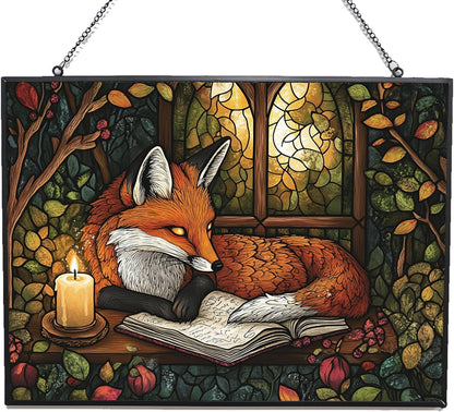 Personalized Rectangle Boho Fox Journaling in Forest Stained Glass Window Hanging, Stained Glass