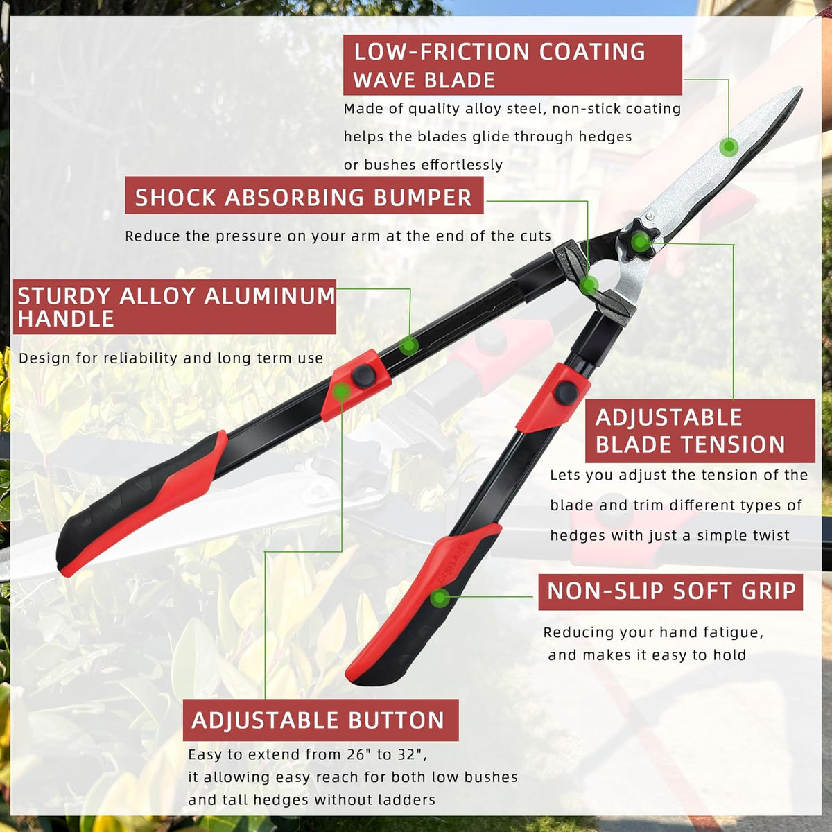 Hedge shears, Extendable 26"-32" Hedge Clippers with Sharp Wavy Blade, Manual Hedge Trimmer for