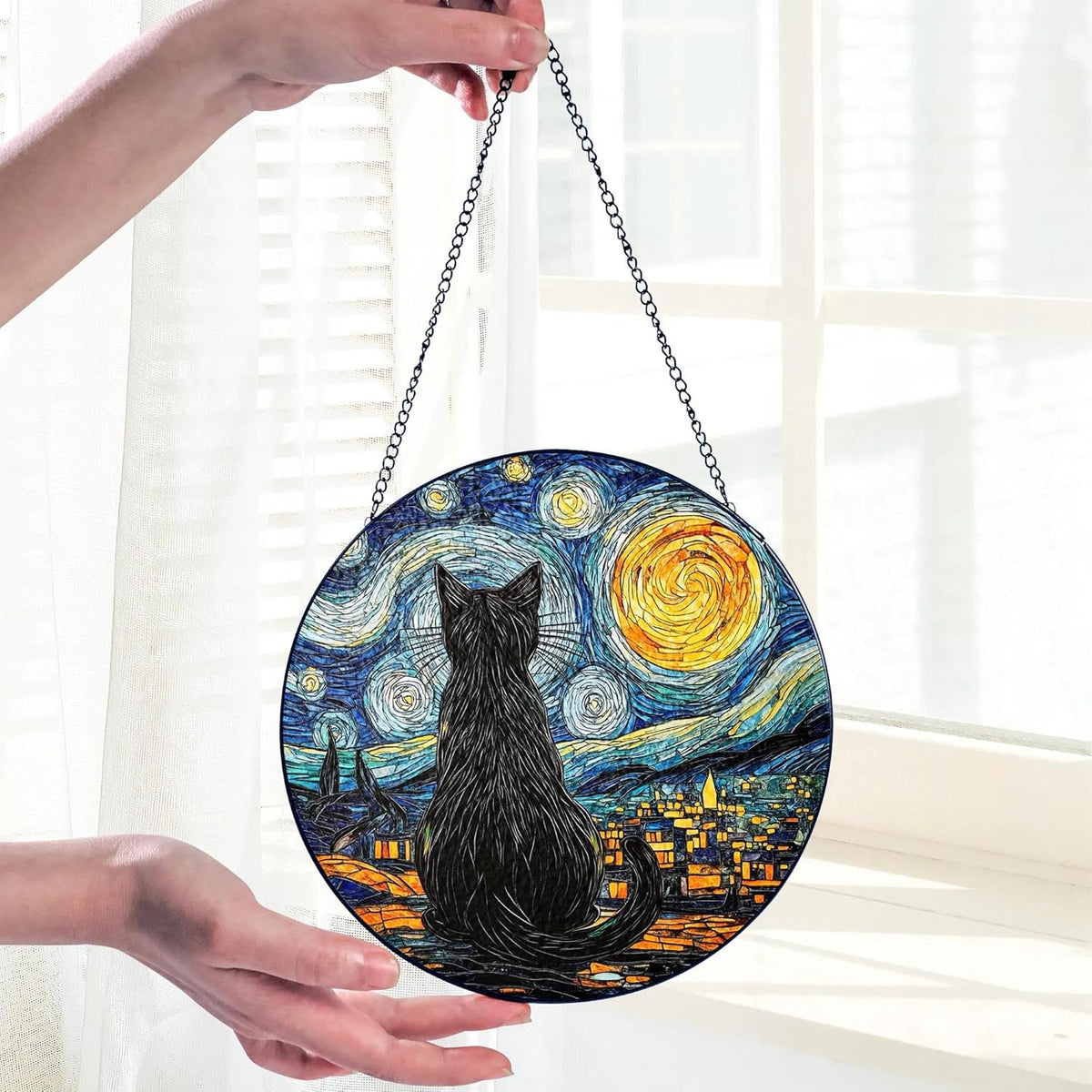 Starry Night Black Cat Stained Glass Suncatcher Window Hanging Decor for Garden, Cat Suncatcher