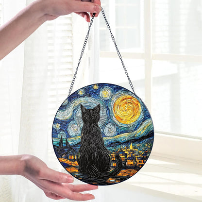Starry Night Black Cat Stained Glass Suncatcher Window Hanging Decor for Garden, Cat Suncatcher