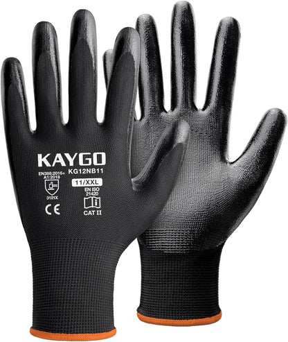 KAYGO Work Gloves Nitrile Coated, 12 Pairs KG12N，Seamless Knit, Protective Safety Work Gloves with