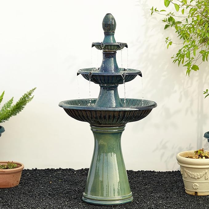 Glitzhome Water Fountain Outdoor Floor-Stand Fountain with LED Light & Pump, Oversized 3 Tier