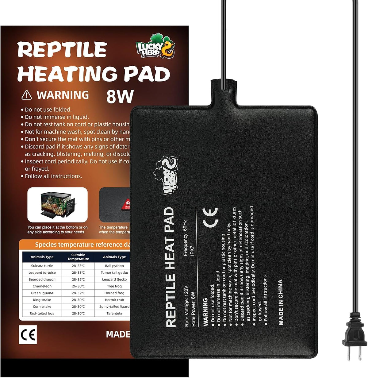 LUCKY HERP Reptile Heat Pad 6x8 Inch 8W Under Tank Terrarium Heating Mat, Reptile Heat Mat, Reptile