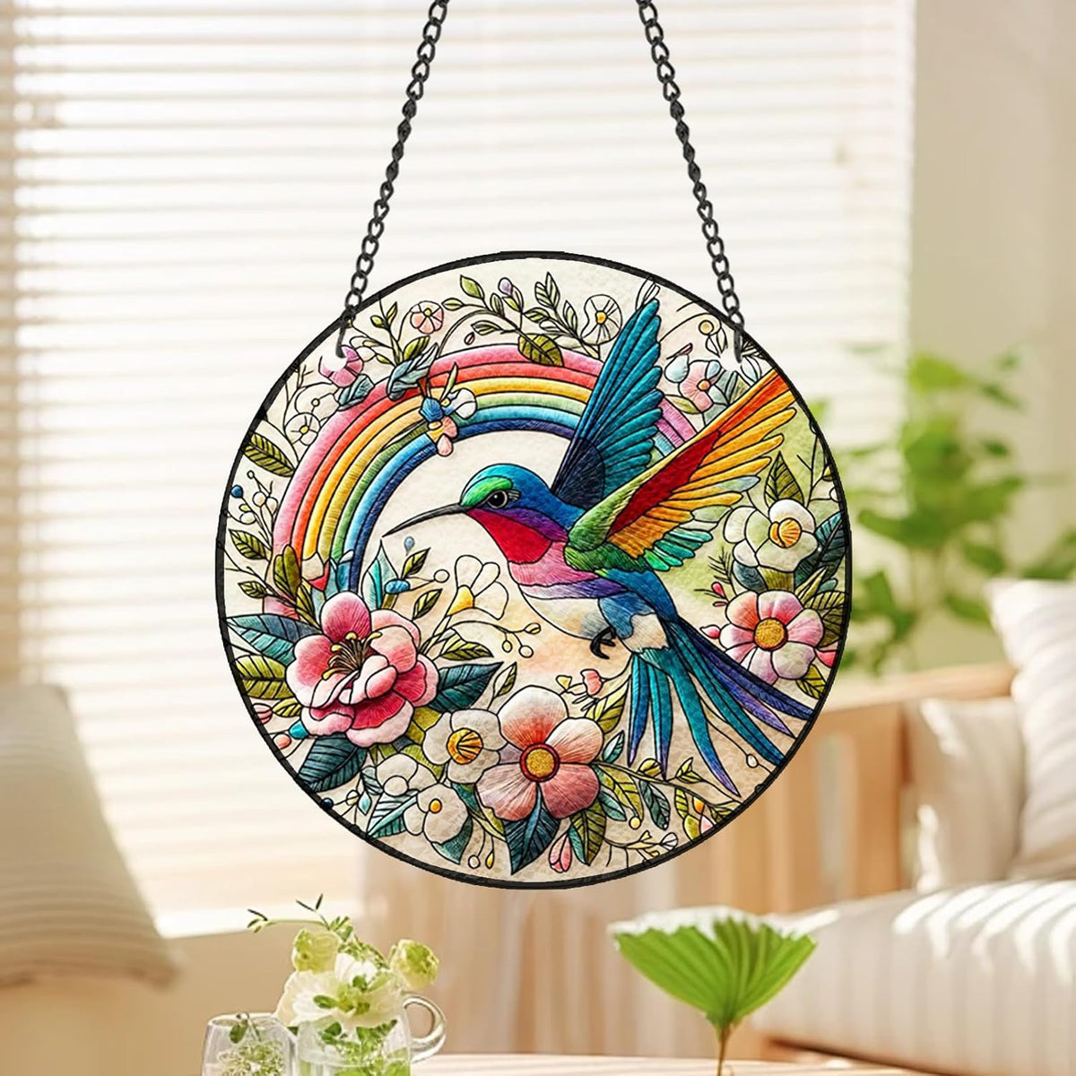 Hummingbird Suncatcher Stained Glass Window Hanging Original Design of 7.8''Hummingbirds Rainbow