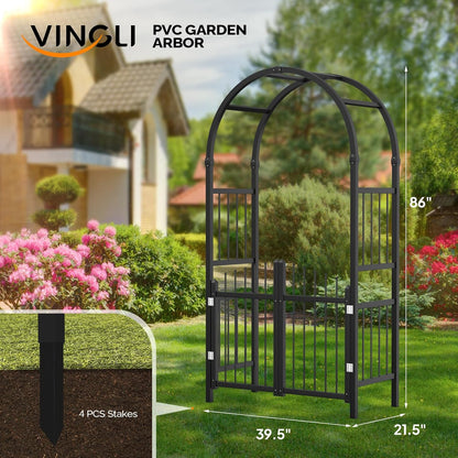 VINGLI Garden Arbor with Gate, PVC Frame Trellis Garden Arch for Plant Climbing, Vinyl Pergola