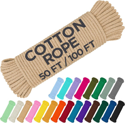 TECEUM Cotton Rope 3/16” (5 mm) – 100 FT – Strong All-Purpose Braided Rope – Natural Cotton – for