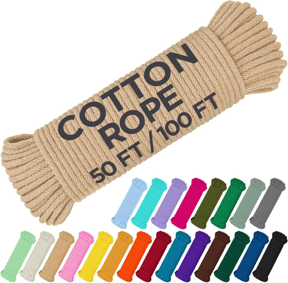 TECEUM Cotton Rope 3/16” (5 mm) – 50 FT – Strong All-Purpose Braided Rope – Natural Cotton – for