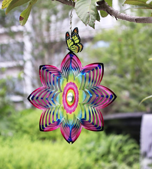 SPRING SONG Butterfly on Mandala Flower Wind Spinner for Yard and Garden Stainless Steel Spinner