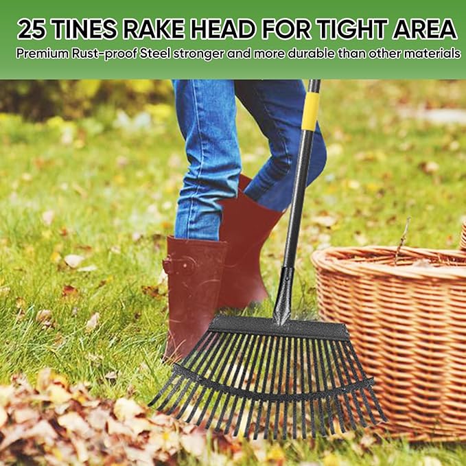 Garden Leaf Rakes, 6FT Rake for Lawns Heavy Duty 25 Metal Tines 18.5 inch Wide, Adjustable Steel