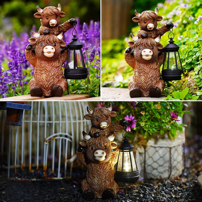 Solar Highland Cow Garden Decor - Resin Cow Statue with Solar Lantern Outdoor Yard Patio Decor