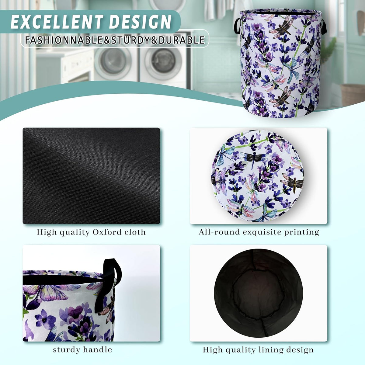 Dragonfly Laundry Basket Foldable With Handles Purple Floral Tote Bag Oxford Cloth Colorful Laundry