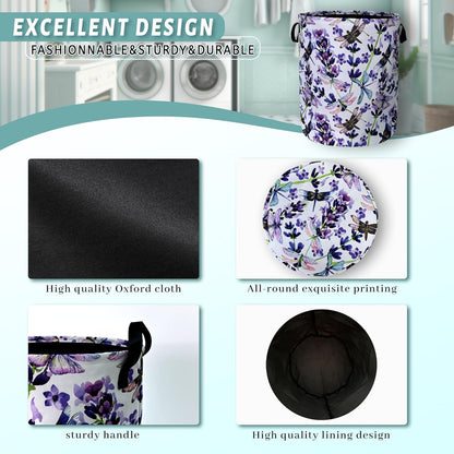 Dragonfly Laundry Basket Foldable With Handles Purple Floral Tote Bag Oxford Cloth Colorful Laundry