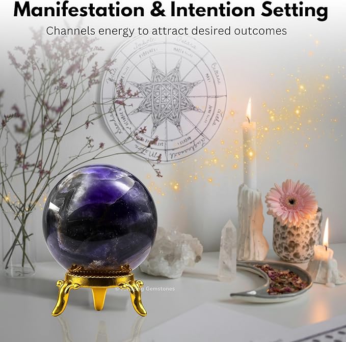 Amazing Gemstone Amethyst Chevron Crystal Ball with Stand - 2" Inches Crystal Sphere Meditation