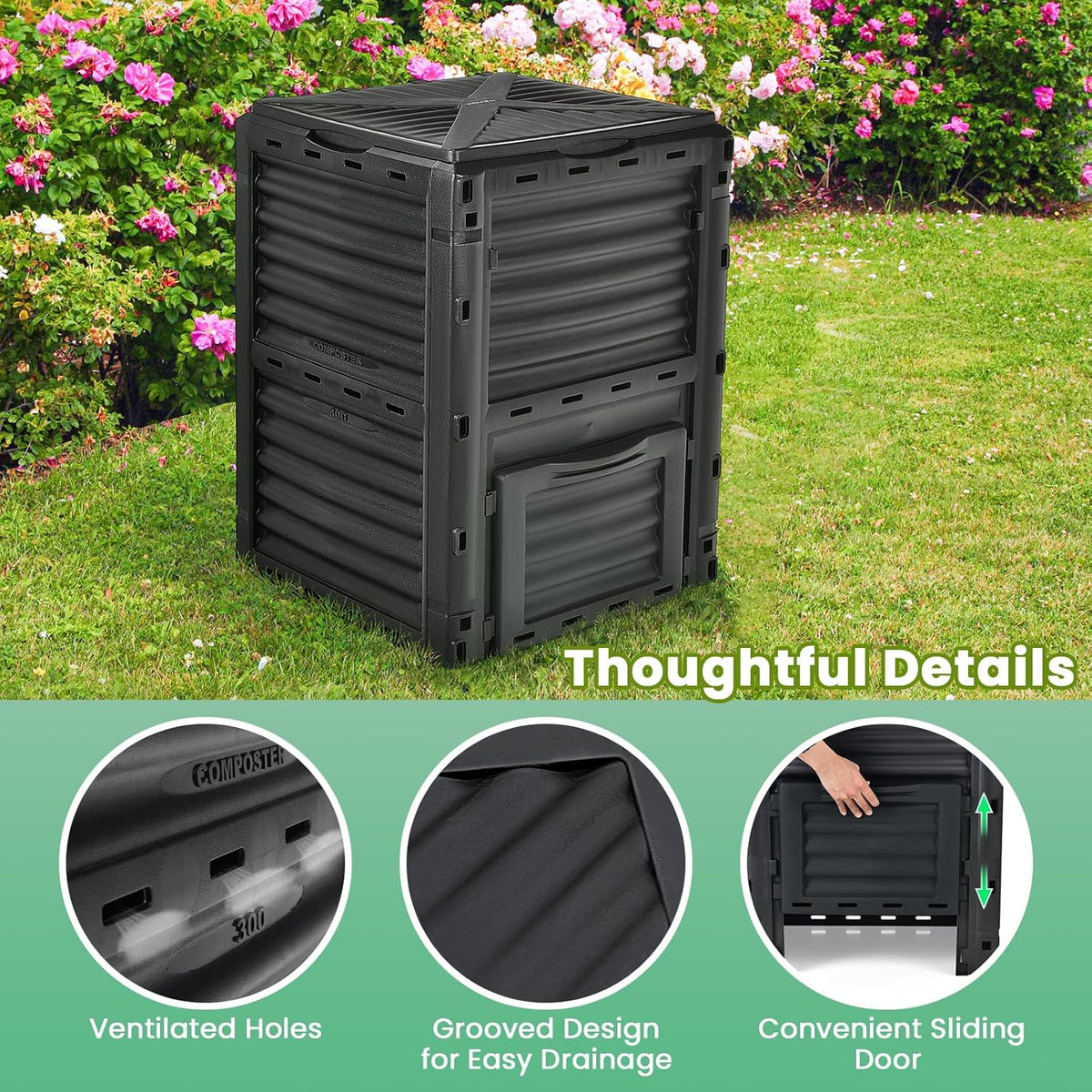 Compost Bin Outdoor, 80 Gallon Garden Compost Bin with Top Lid & Bottom Door, Aerating Outdoor