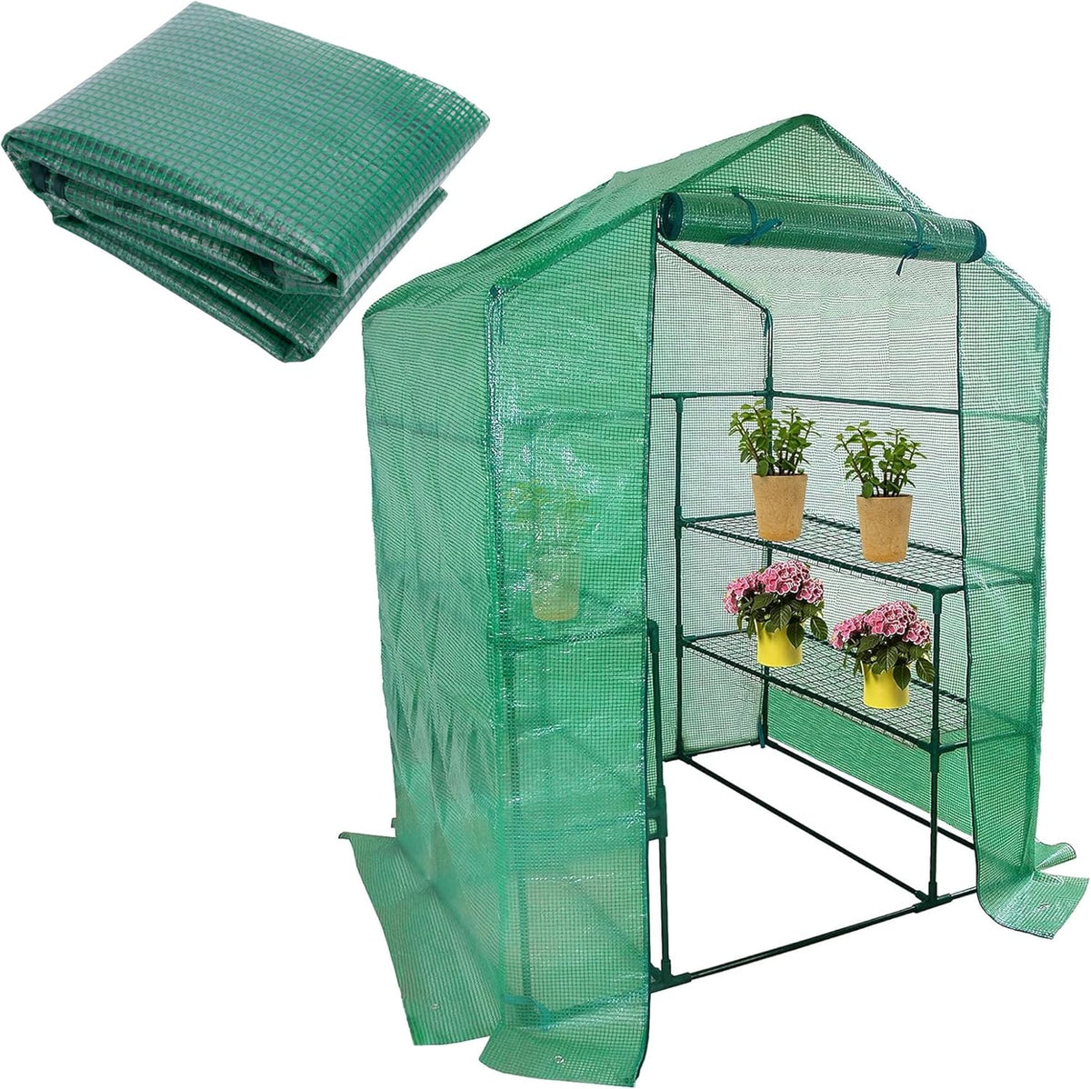 Walk-in Greenhouse Replacement Cover with Roll-Up Zipper Door- 56"x56"x76" PE Plant Gardening